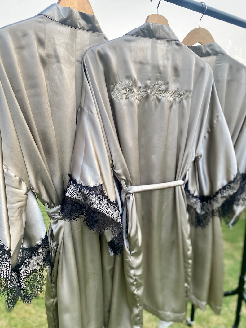 Silver Ripped Robe Silver Satin Lace Robes Kimonos for Group of Bridesmaids One Size Fit ...