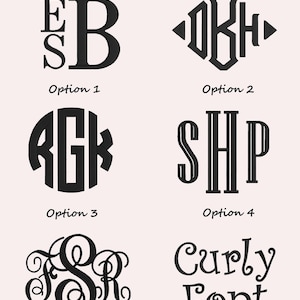 Op de afbeelding: Zes verschillende borduurlettertypen voor monogramming. De lettertypen worden getoond met de letters "EB", "DKH", "GK", "SHP", "SR" en "Curly Font".