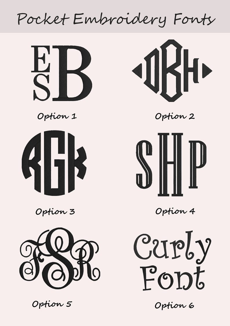 Op de afbeelding: Zes verschillende borduurlettertypen voor monogramming. De lettertypen worden getoond met de letters "EB", "DKH", "GK", "SHP", "SR" en "Curly Font".