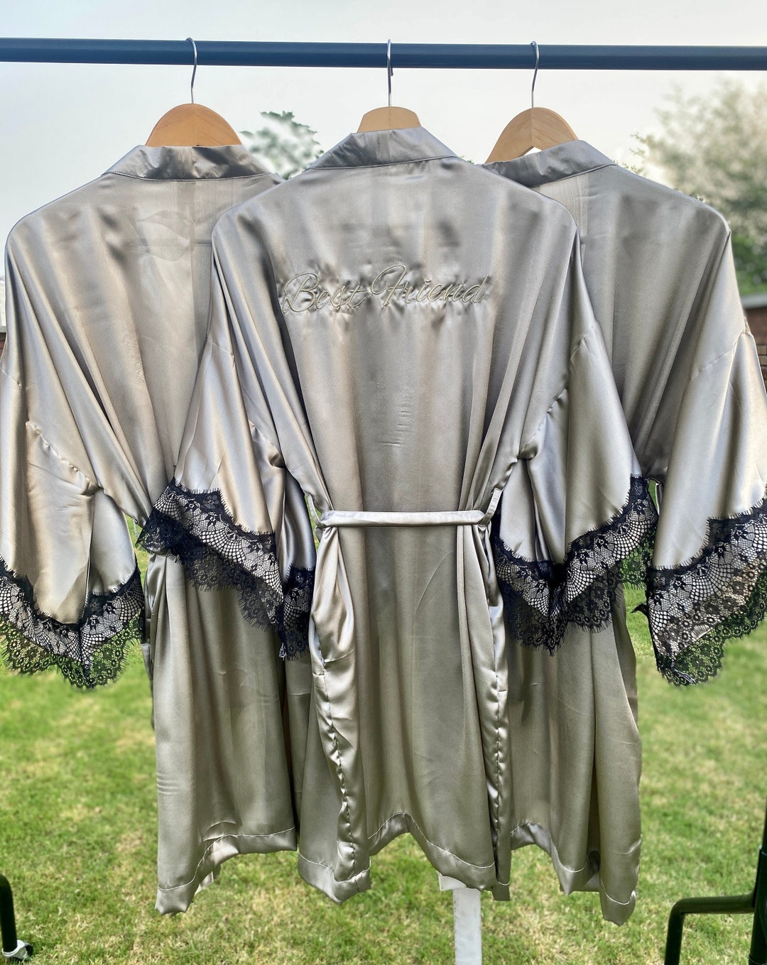 Long Silver Robe Silver Satin Lace Robes Kimonos for Group of Bridesmaids One Size Fit ...