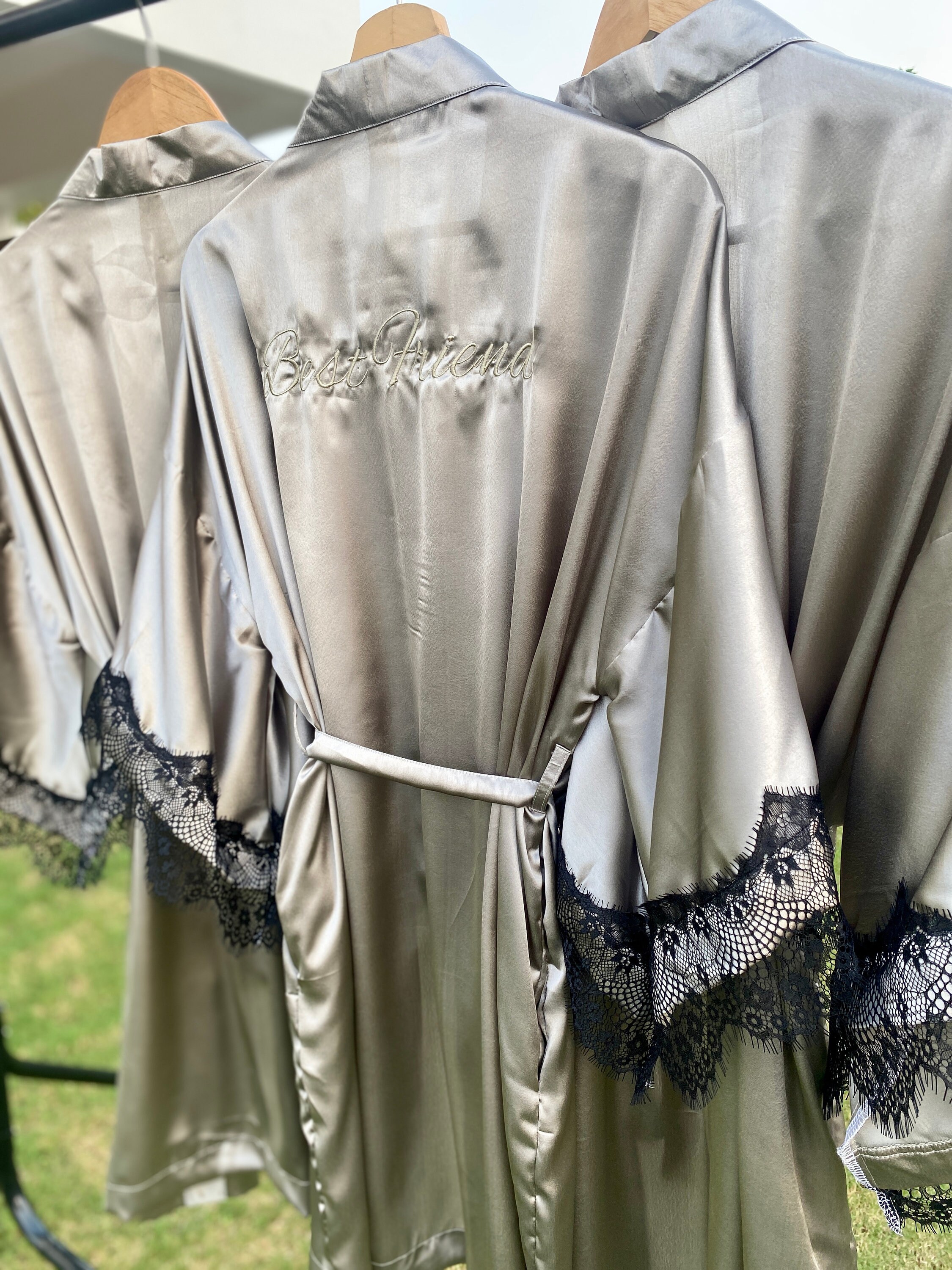 Long Silver Robe Silver Satin Lace Robes Kimonos for Group of Bridesmaids One Size Fit ...