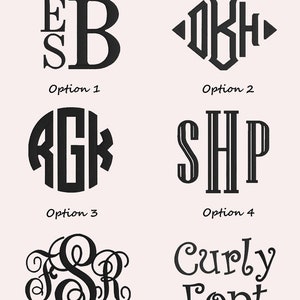 May include: Six different embroidery font options for monograms. The first option is a stacked font with the first letter larger than the second. The second option is a diamond-shaped font. The third option is a circular font. The fourth option is a vertical font. The fifth option is a cursive font. The sixth option is a curly font.