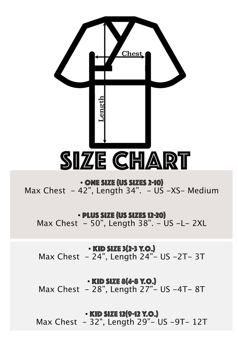 May include: Size chart for a garment with measurements for chest and length in inches. The chart includes sizes for adults and children, with age ranges for the children's sizes.