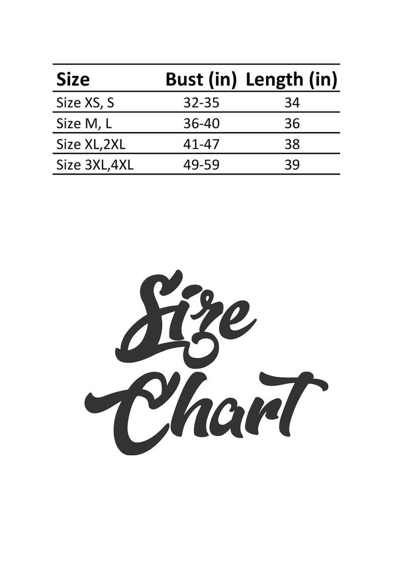 Op de afbeelding: Maattabel voor kleding met borst- en lengtemaat in inches. De maten omvatten XS, S, M, L, XL, 2XL, 3XL en 4XL.