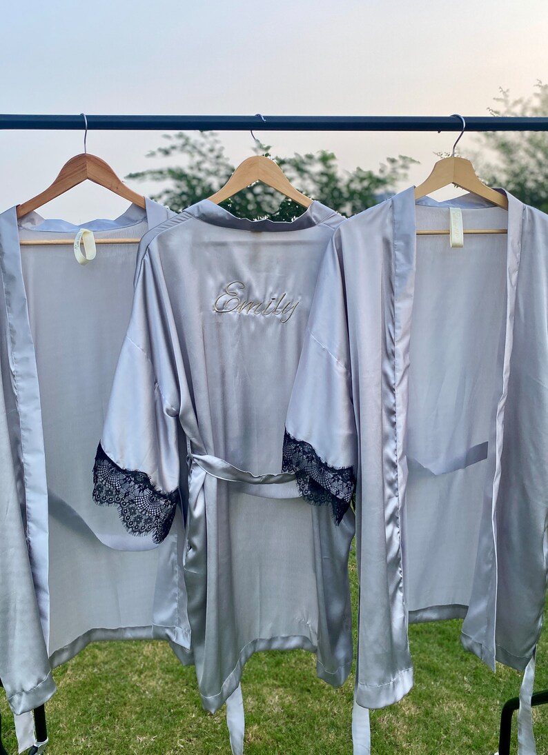 Silver Ripped Robe Charcoal Silver One Size Fit All Group of Getting Ready Lace Satin ...