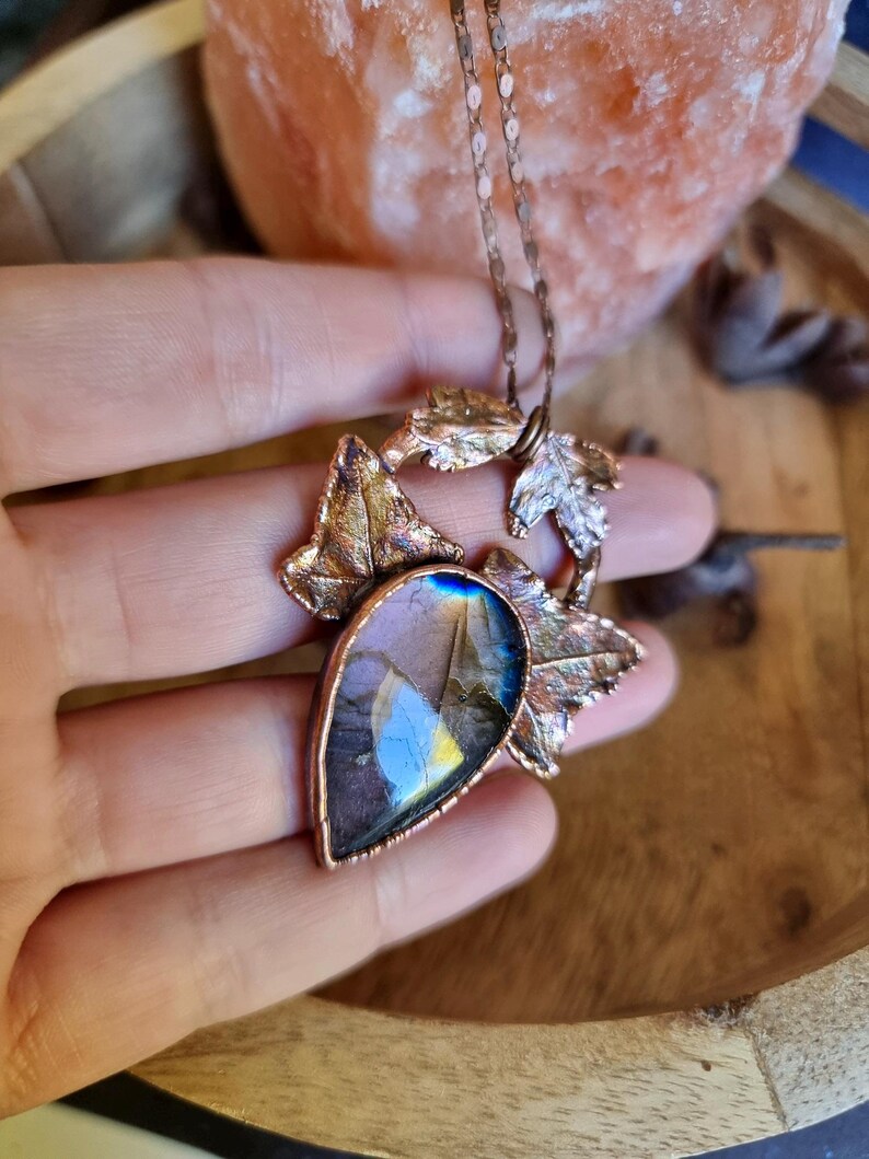 Real Ivy Leaf, Hawthorn, and Purple Labradorite Electroformed Pendant