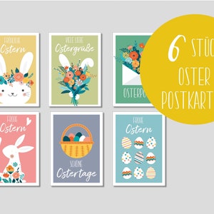 6 Osterpostkarten - Postkarten Grüße Hallo Frühling Set- Grußkarten zu Ostern -Karten Osterhase, Ostereier und Osterblumen