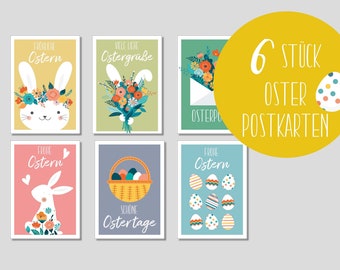 6 Osterpostkarten - Postkarten Grüße Hallo Frühling Set- Grußkarten zu Ostern -Karten Osterhase, Ostereier und Osterblumen