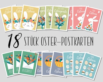 18 Postkarten - Oster Postkarten- Osterpostkarten -Hallo Frühling Set- Grußkarten zu Ostern -Karten Osterhase, Ostereier und Osterblumen