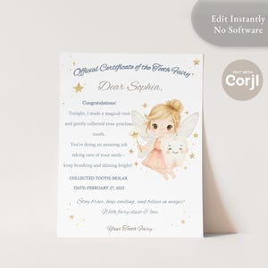 Könnte beinhalten: Ein druckbares Zertifikat für ein Kind, das einen Zahn verloren hat. Das Zertifikat zeigt eine Aquarell-Illustration einer Zahnfee mit einem Zahn und einem Zauberstab. Der Text lautet "Offizielles Zertifikat der Zahnfee" und "Liebe Sophia, Herzlichen Glückwunsch! Heute Abend habe ich einen magischen Besuch gemacht und deinen wertvollen Zahn vorsichtig eingesammelt. Du machst einen tollen Job, um auf dein Lächeln aufzupassen - putze weiter deine Zähne und strahle hell! GESAMMELTER ZAHN: BACKENZAHN DATUM: 27. FEBRUAR 2025 Sei mutig, lächle weiter und glaube an die Magie! Mit Feenstaub & Liebe, Deine Zahnfee".
