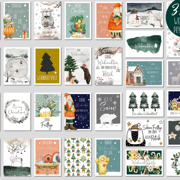 32 Christmas postcards - Christmas postcard set - Christmas cards to send on Christmas greeting card-Christmas postcard