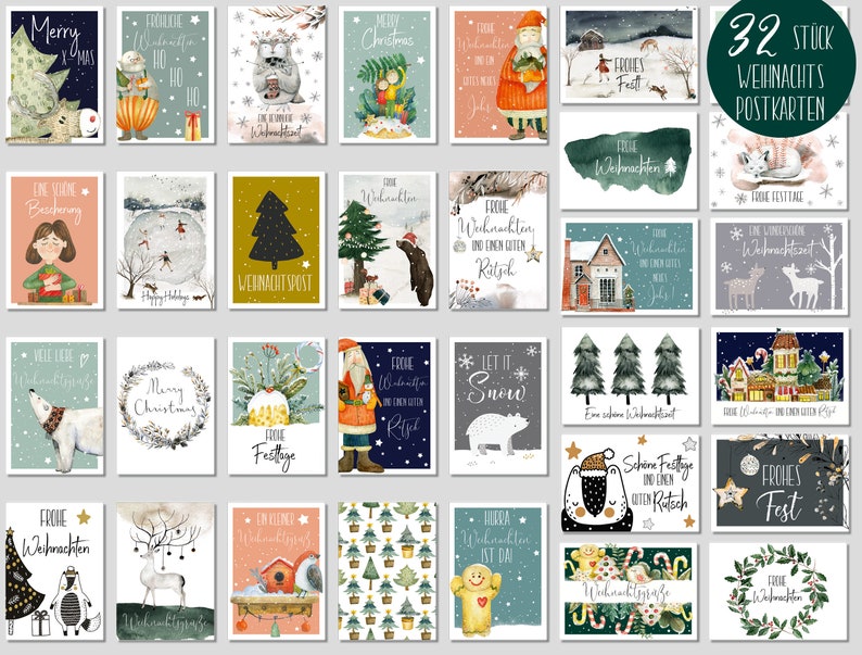 32 Christmas Postcards - Christmas Postcard Set - Christmas Cards to Send to Christmas Greeting Card Christmas Postcard 