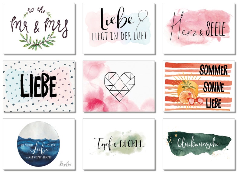 May include: Nine watercolor cards with different designs and text. The cards feature a variety of colors, including pink, blue, green, and orange. The text on the cards includes "to the Mr & Mrs", "Liebe liegt in der Luft", "Herz & Seele", "Liebe", "Sommer Sonne Liebe", "Topf & Deckel", "Gl&uuml;ckw&uuml;nsche", and "Liebe ist mehr als die Summe der Verliebtheit".