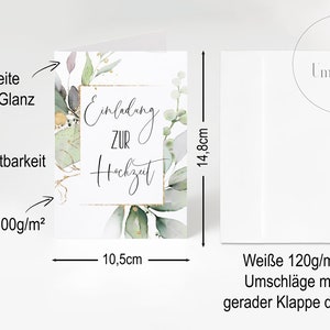 May include: A white card with a green and gold floral design. The card reads "Einladung zur Hochzeit" which translates to "Invitation to the Wedding". The card is 10.5 inches by 14.8 inches and is printed on 300gsm paper. It comes with white envelopes.