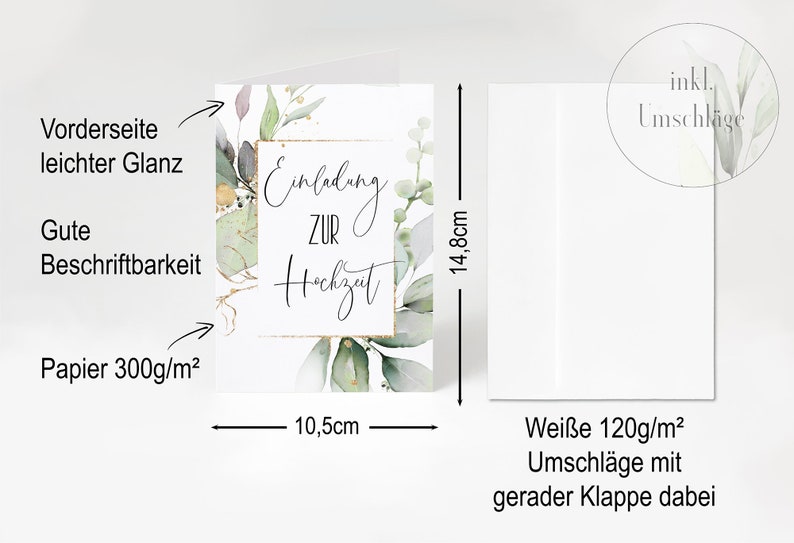May include: A white card with a green and gold floral design. The card reads "Einladung zur Hochzeit" which translates to "Invitation to the Wedding". The card is 10.5 inches by 14.8 inches and is printed on 300gsm paper. It comes with white envelopes.