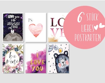 6 Valentinstag Postkarten Set - Ich Liebe Dich