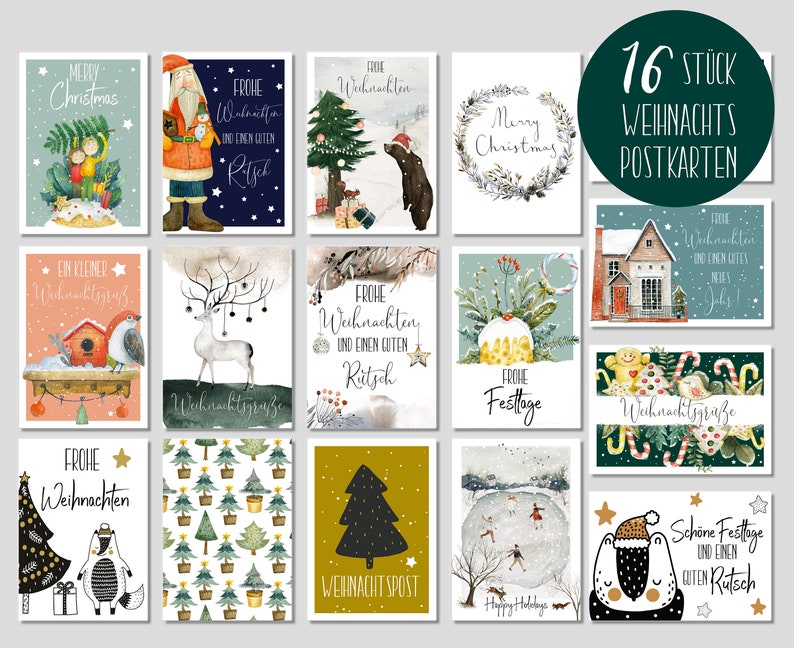 16 Weihnachtspostkarten SET 1 tolles Weihnachts-Postkarten Weihnachtskarten Grußkarten für Freunde und Familie zu Weihnachten Bild 1