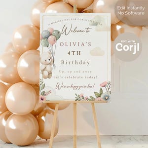 Panneau de bienvenue ours personnalisé | Carte d'anniversaire imprimable 16x20 Corjl | Panneau de bienvenue personnalisé | Olivia