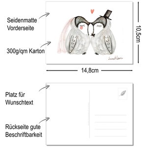 May include: A watercolor illustration of two owls with a heart above them. The owls are kissing and one is wearing a top hat. The text "Sweet Love" is written below the owls. The postcard is 10.5 inches tall and 14.8 inches wide. The back of the postcard is blank with lines for writing.