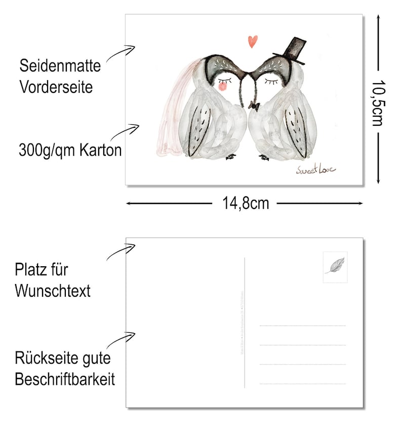 May include: A watercolor illustration of two owls with a heart above them. The owls are kissing and one is wearing a top hat. The text "Sweet Love" is written below the owls. The postcard is 10.5 inches tall and 14.8 inches wide. The back of the postcard is blank with lines for writing.