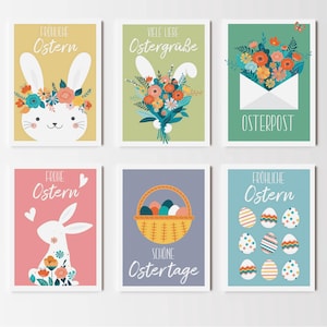 6 Osterpostkarten - Postkarten Grüße Hallo Frühling Set- Grußkarten zu Ostern -Karten Osterhase, Ostereier und Osterblumen