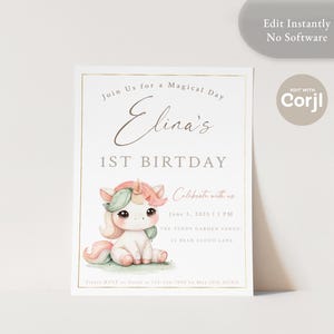 Convite de aniversário de unicórnio personalizado | Convite para impressão 5x7 Corjl | Cartão personalizado para chá de bebê de unicórnio | Elina