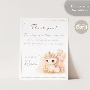 Cartão de agradecimento personalizado em formato de unicórnio | Cartão de aniversário para impressão 5x7 Corjl | Cartão de agradecimento personalizado de unicórnio | Rosália