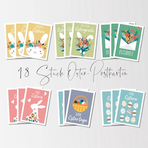 18 Postkarten - Oster Postkarten- Osterpostkarten -Hallo Frühling Set- Grußkarten zu Ostern -Karten Osterhase, Ostereier und Osterblumen