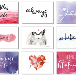 May include: Set of 9 watercolor greeting cards with romantic themes. The cards feature various designs, including hearts, owls, arrows, and text in German and English. The cards are perfect for weddings, anniversaries, or any occasion where you want to express your love.