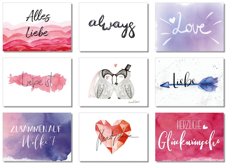 May include: Set of 9 watercolor greeting cards with romantic themes. The cards feature various designs, including hearts, owls, arrows, and text in German and English. The cards are perfect for weddings, anniversaries, or any occasion where you want to express your love.