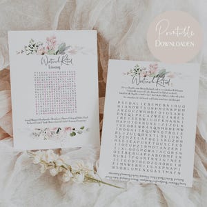 May include: Printable wedding word search puzzle with a floral design. The puzzle is titled "Word Search Ritual" and includes the solution. The text "Printable Download" is in a circle at the top of the page.