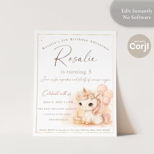 Convite de aniversário de unicórnio personalizado | Convite para impressão 5x7 Corjl | Cartão personalizado para festa de unicórnio | Rosália