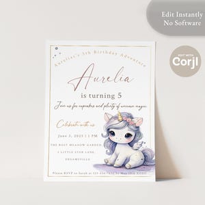 Convite de aniversário de unicórnio personalizado | Convite para impressão 5x7 Corjl | Cartão personalizado para festa de unicórnio | Aurélia