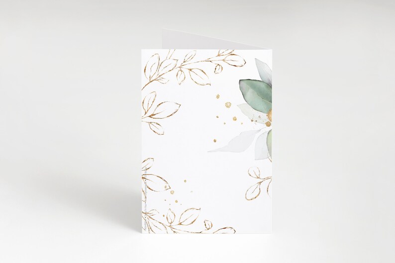 May include: A white card with a green and white watercolor floral design and gold leaf accents. The card has a blank space for writing a message.