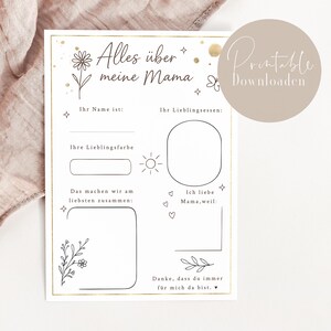 Könnte beinhalten: Druckbare Arbeitsblatt mit dem Text "Alles über meine Mama" in goldener Schrift. Das Arbeitsblatt enthält Aufforderungen für ein Kind, um Informationen über seine Mutter auszufüllen, wie z. B. ihr Lieblingsessen, ihre Lieblingsfarbe und was sie am liebsten zusammen machen.