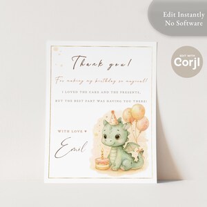 Cartão de agradecimento personalizado em formato de dragão | 5x7 Corjl de aniversário para impressão | Cartão de agradecimento personalizado editável | Emílio