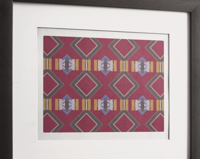 Ethnic red Indian , fine art print ,stripes in reds,blue ,white , beige, aztec modern style, country style.