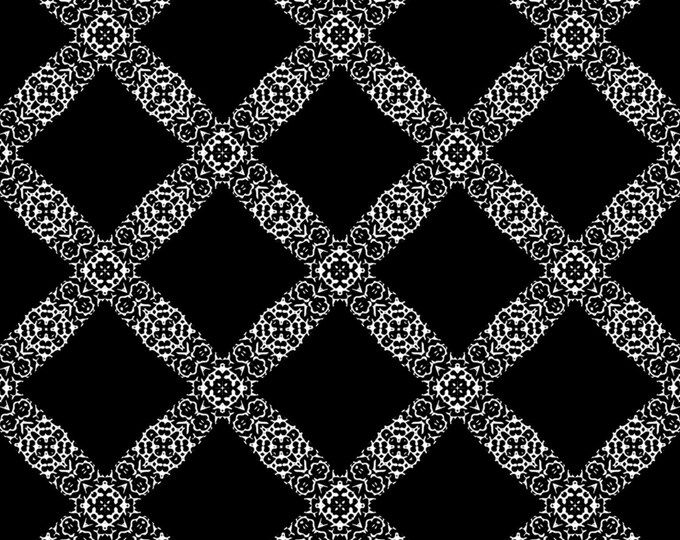 Designer Original Printed fabric . Opulent broque style classic white and black chain lattice brocade original design