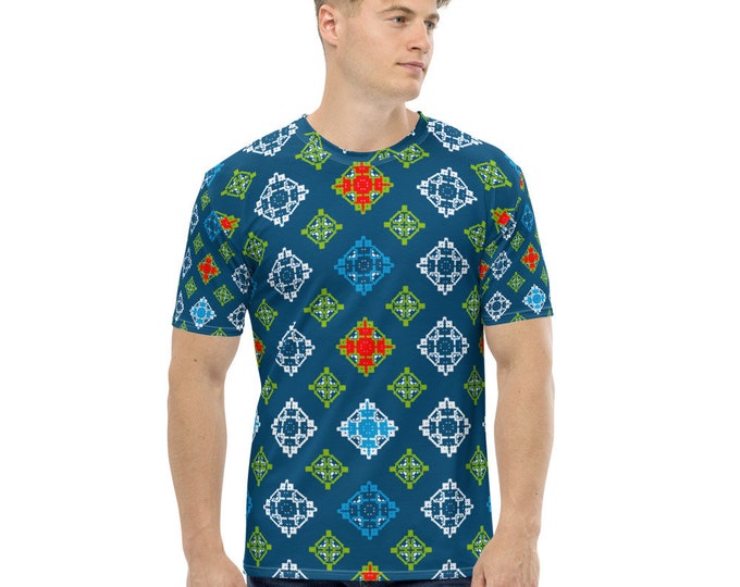 Men's T-shirt DESIGNER PRINT in blue, white and sky blue, luxury look.