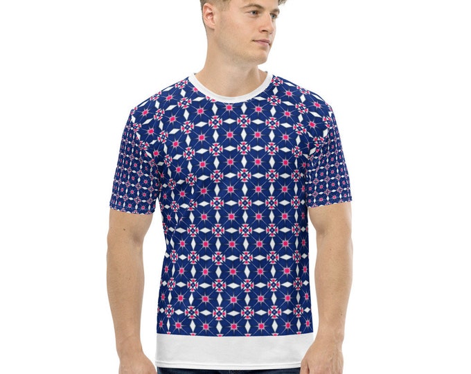 Men's T-shirt stylish designer print in blue and red geometric, great top, trendy and stylish