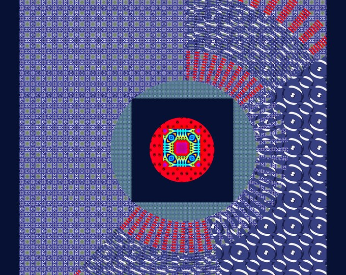 Designer, silk scarf, reds and blue, modern design with ring design, scarf collection,scarf and accessories gift for her geometric design