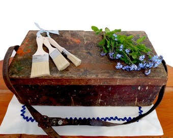 Wooden Oil Paint Storage Box ,Antique Painter Box, Old Painter Tools Trunk With Leather Handle