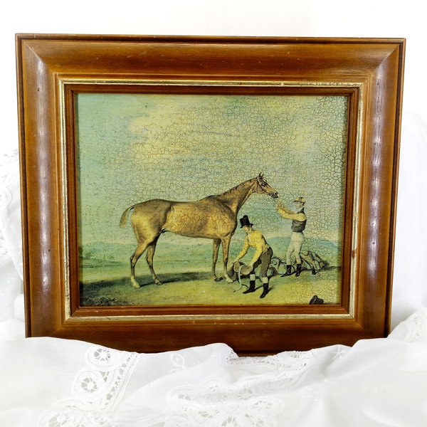 French Frame Vintage , Picture with cracked Varnish, Jockey With Racehorse ,Green Brown Color, Rectangular,Wall decorations 1950s