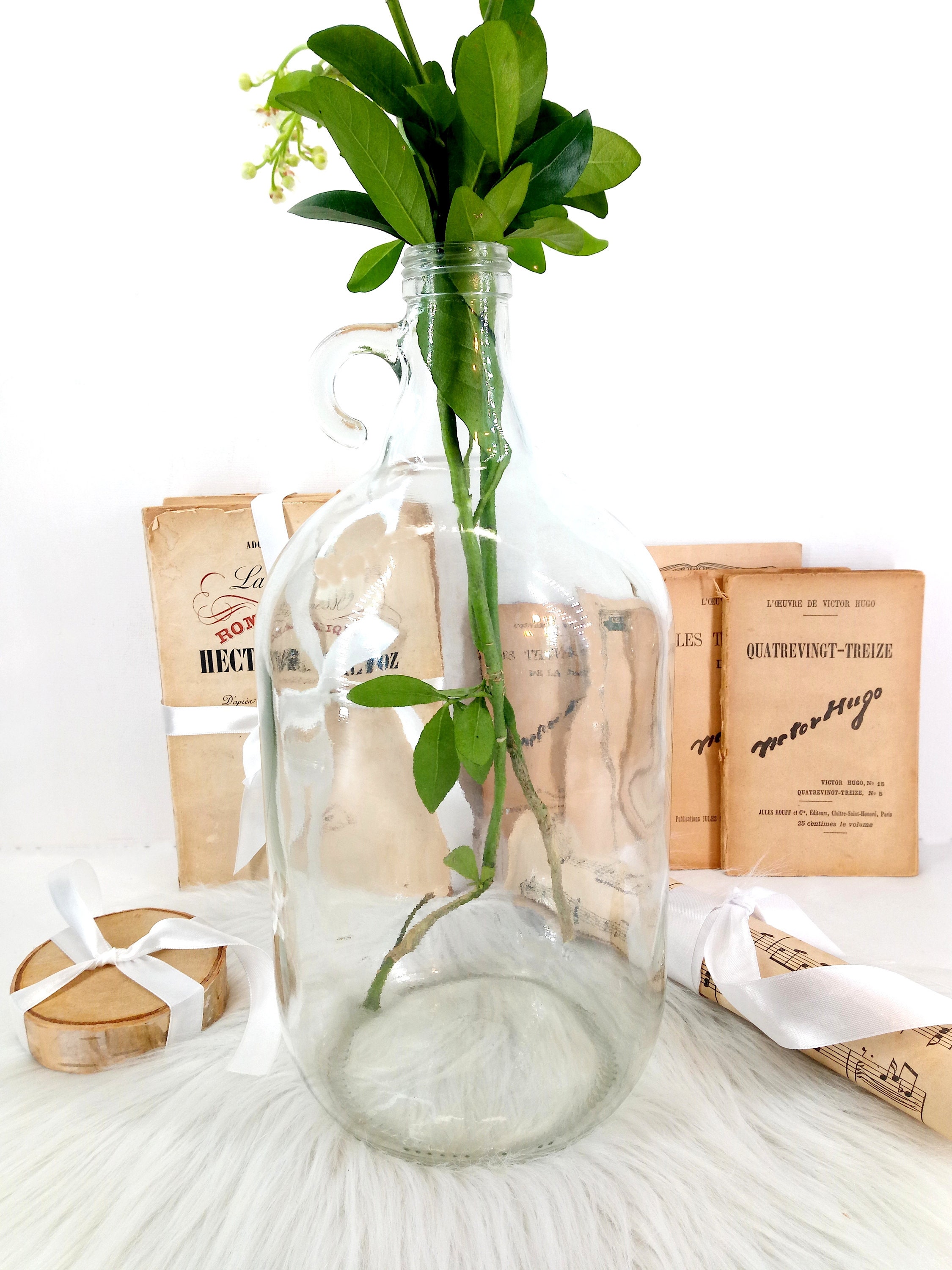 Vintage White Glass Bottle, French Dame Jeanne , Vase Flower 3 Liters From 1950 S With A Small Glass