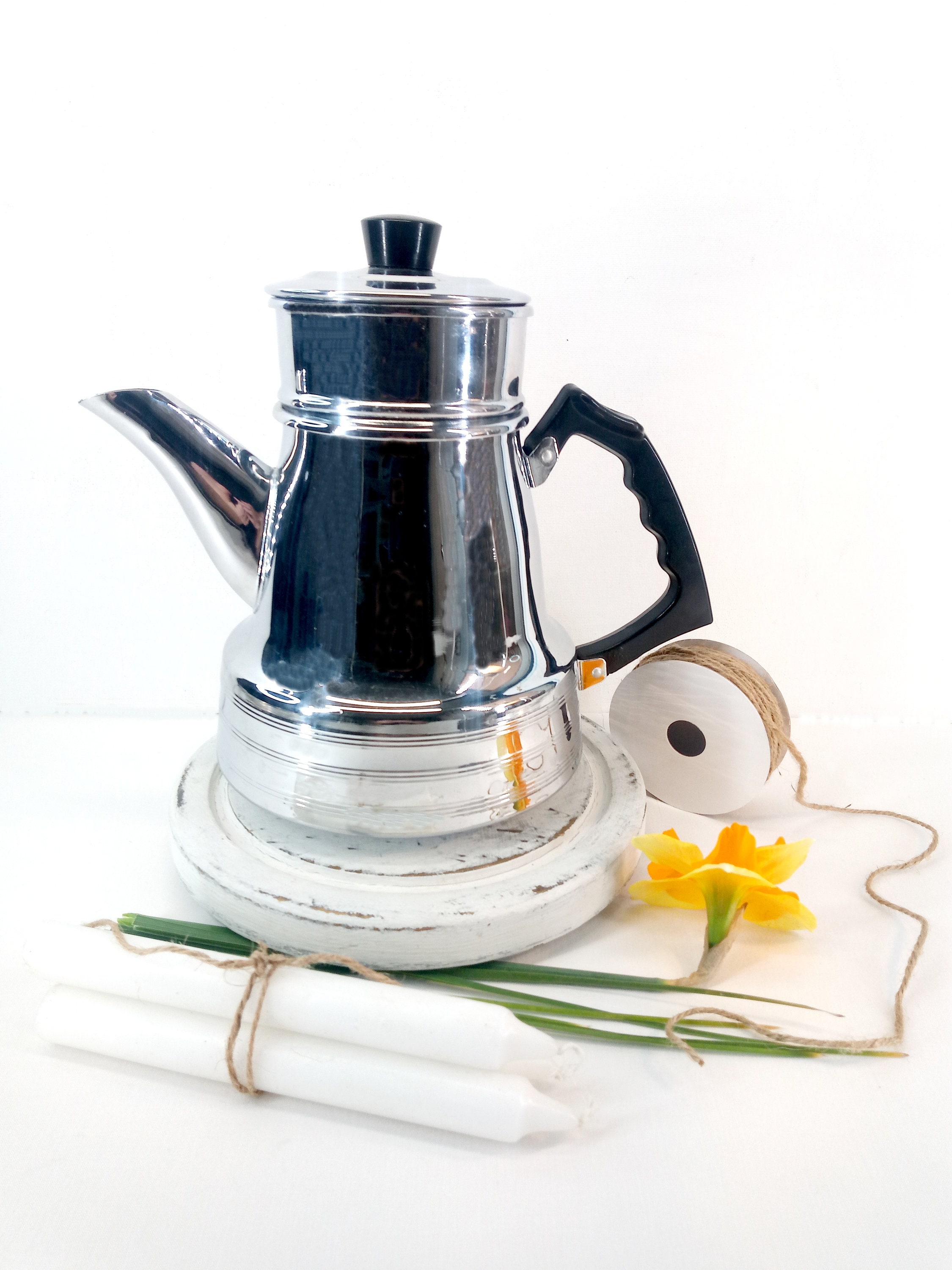 French Coffee Maker Vintage With Copper Plated Metal , Pot With A Bakelite Handle For Pretty Decorat