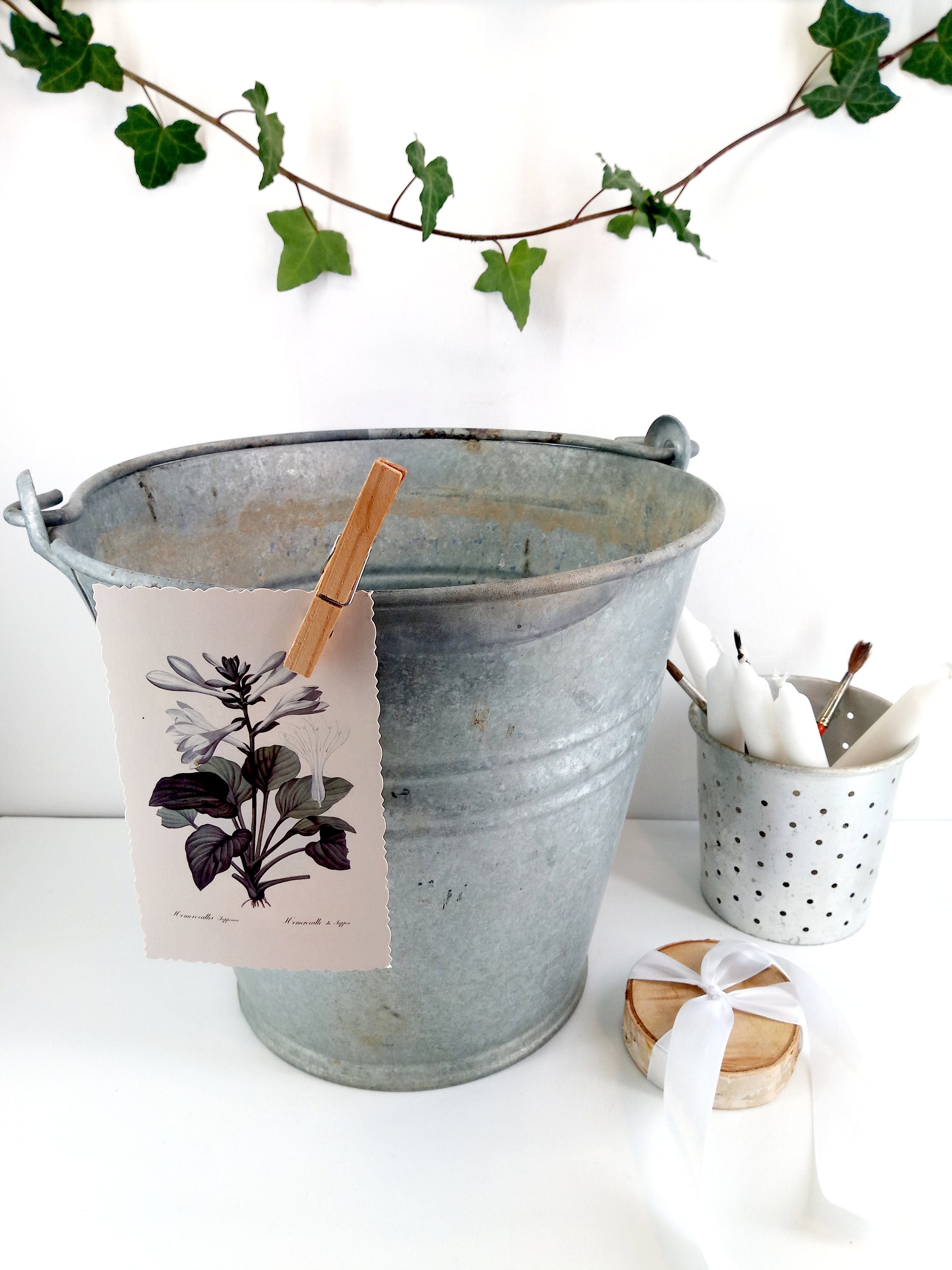 Français Bucket French Vintage Galvanized Metal With Handle External Basin Planters & Pots Seau Anci