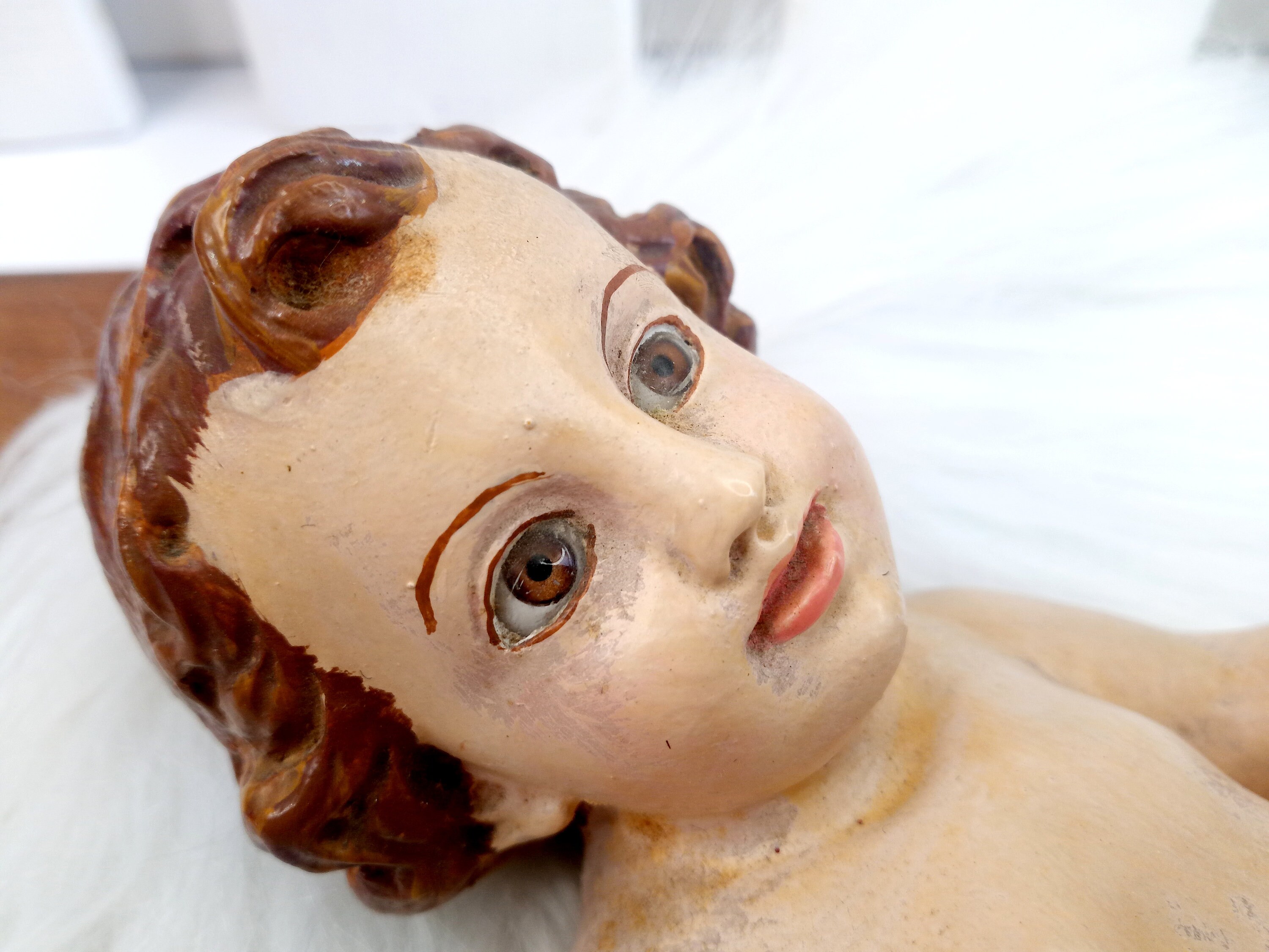 Child Jesus Religious Statue Vintage With Stucco & Polychrome Material Glass Eyes Made Around The 19