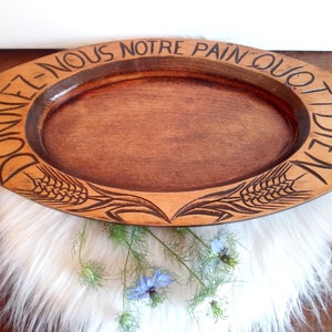Vintage Carved Wooden Bread Platter ,Give Us Our Daily Bread, Handcrafted with Wheat Design, Rustic Farmhouse Kitchen Decor
