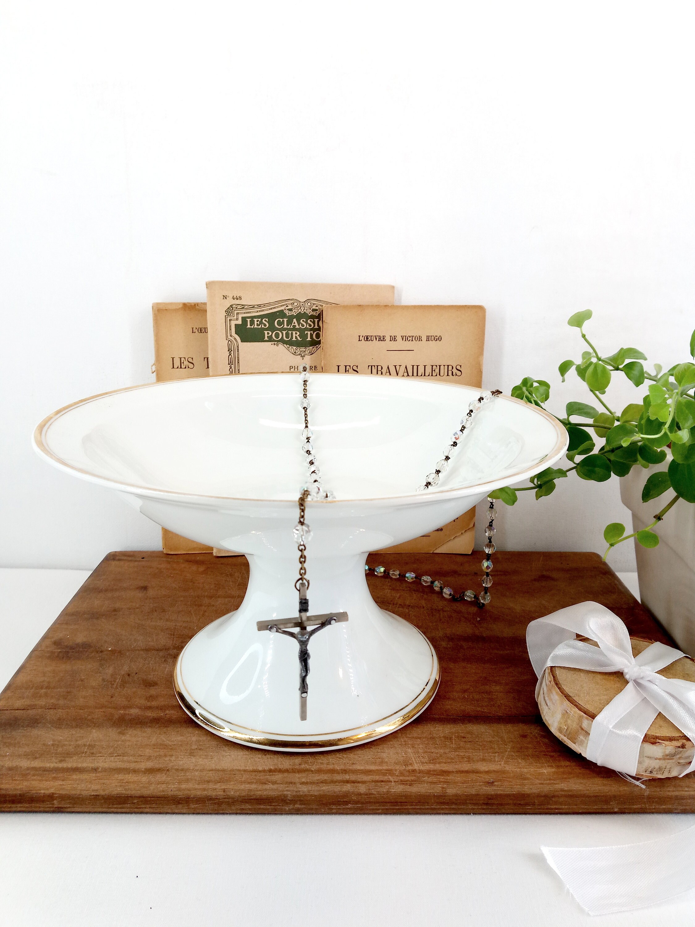 Antique Cake Stand Fruit Bowl Vintage Compotier Ancien White Stamped Langenthal Manufacture Porcelai