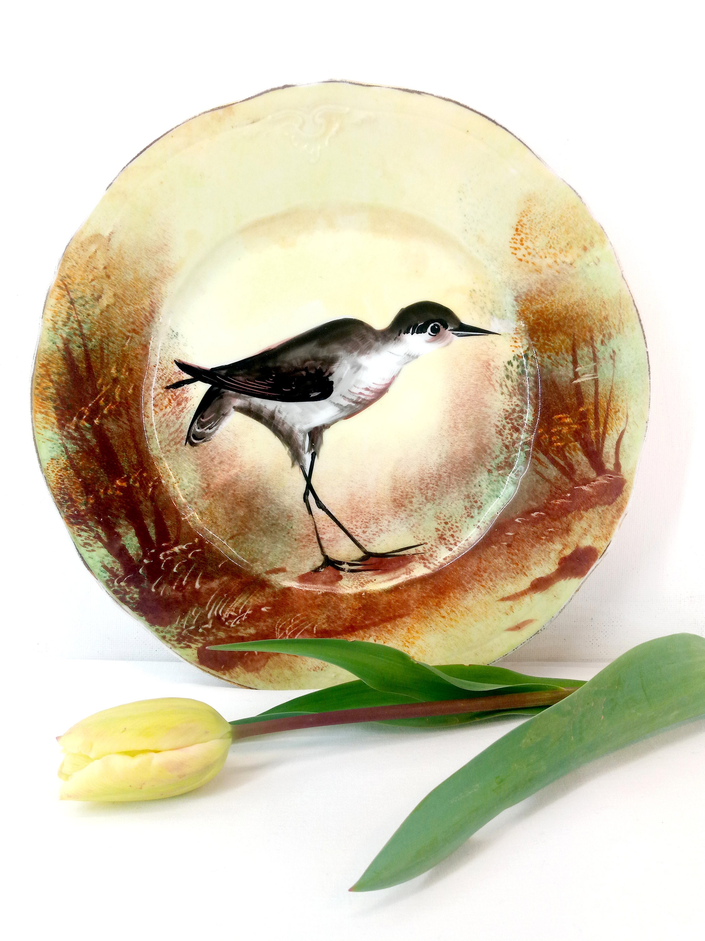 Antique Plate, Flat Round Ceramic Plate, With A Pretty Bird, Beige & Brown Yello Color , French Coll